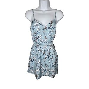 Doe & Rae Floral Button Front‎ Romper Blue Belted Sleeveless Summer Boho Women S